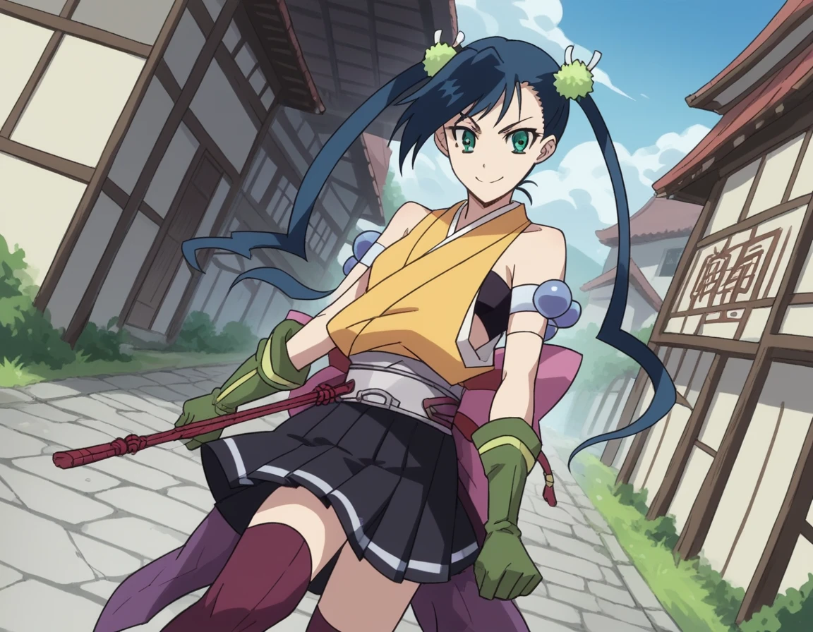 score_9, score_8_superior, score_7_superior, sauce_anime,
brazier, brazier, Long Hair, Green Eyes, Blue Hair, Twin tails, hair ornaments,
skirt, Knee socks, kimono, zettai ryouiki, Armband, purple Knee socks, belt, pleated skirt, black skirt, gloves, green gloves, Bare shoulders,
Outdoor, village, I had already finished, smile,
View your viewers, Cowboy Shot, Dutch Angle, alone,Tied up with rope,