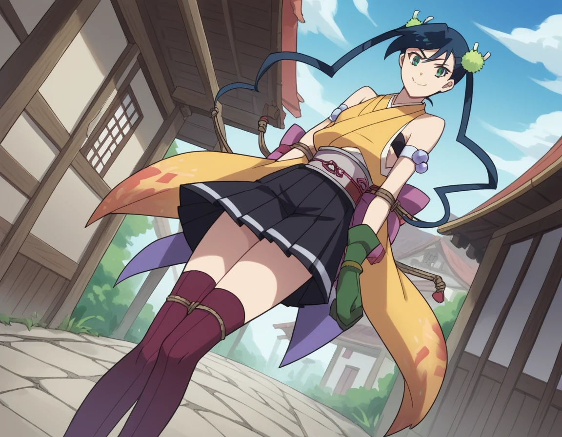score_9, score_8_superior, score_7_superior, sauce_anime,
brazier, brazier, Long Hair, Green Eyes, Blue Hair, Twin tails, hair ornaments,
skirt, Knee socks, kimono, zettai ryouiki, Armband, purple Knee socks, belt, pleated skirt, black skirt, gloves, green gloves, Bare shoulders,
Outdoor, village, I had already finished, smile,
View your viewers, Cowboy Shot, Dutch Angle, alone,Tied up with rope,