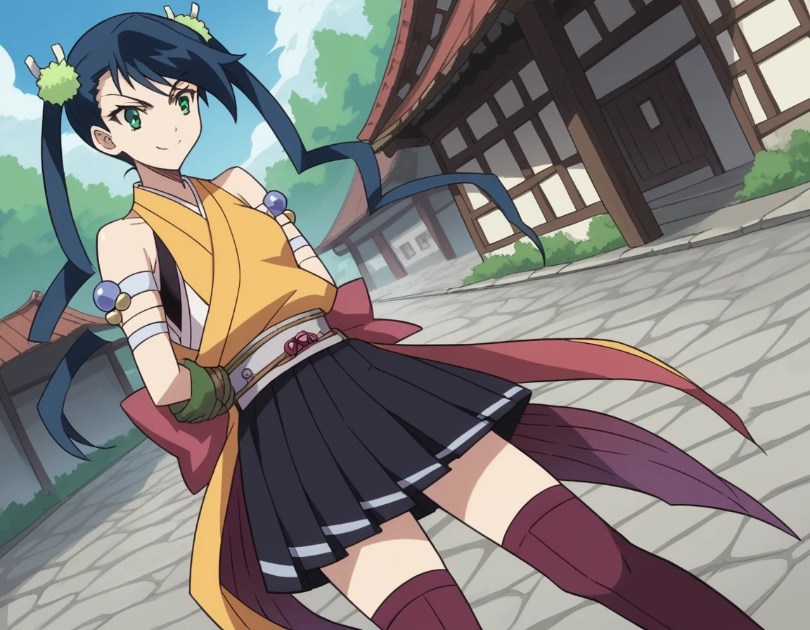 score_9, score_8_superior, score_7_superior, sauce_anime,
brazier, brazier, Long Hair, Green Eyes, Blue Hair, Twin tails, hair ornaments,
skirt, Knee socks, kimono, zettai ryouiki, Armband, purple Knee socks, belt, pleated skirt, black skirt, gloves, green gloves, Bare shoulders,
Outdoor, village, I had already finished, smile,
View your viewers, Cowboy Shot, Dutch Angle, alone,Tied up with rope,