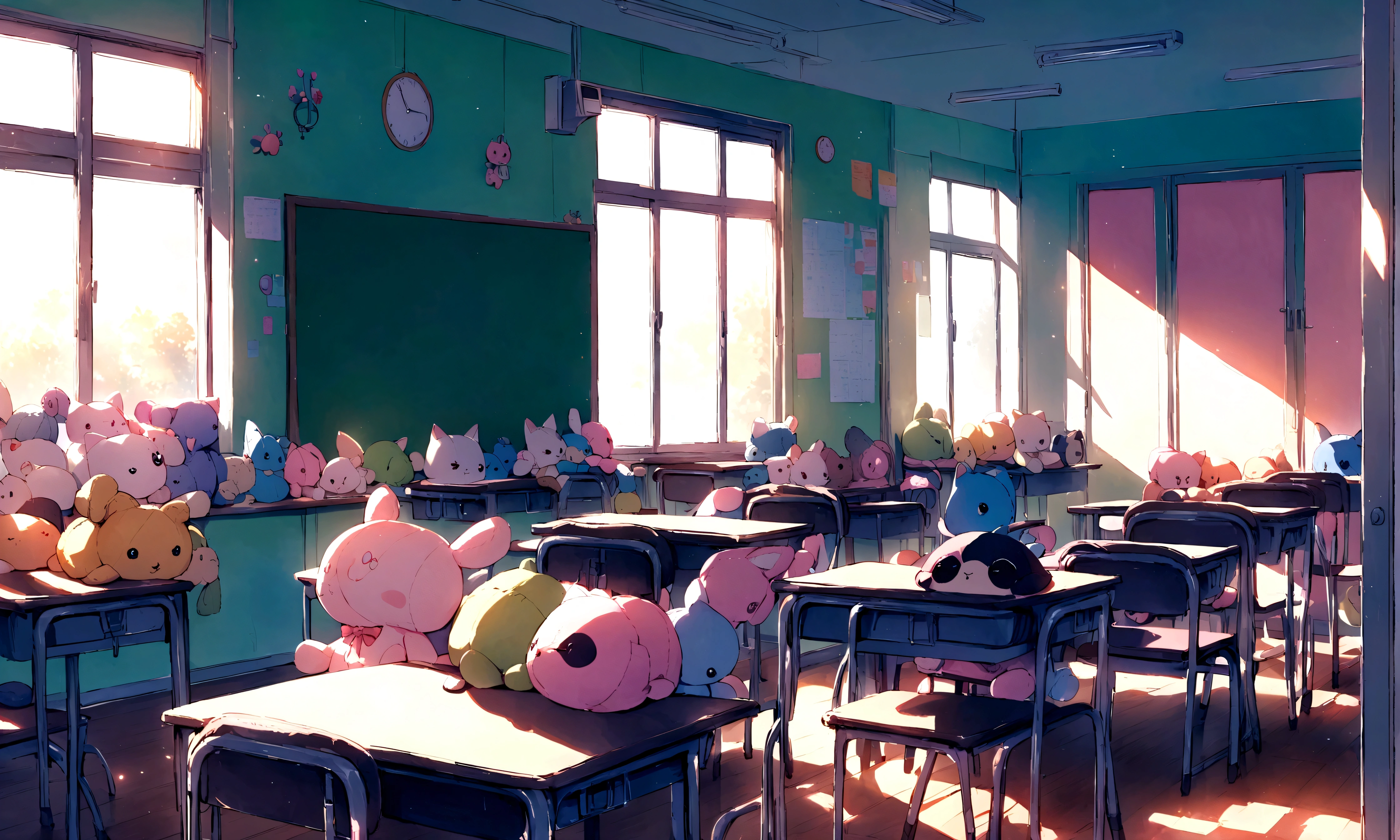 Round-eyed cats sit in chairs for lessons, Classroom,Several rows of tables, , Face the blackboard, Sunlight outside the window,Pink and pastel colors、dreamy lighting、Around((Cute stuffed animals:1.5))、Pleasant atmosphere