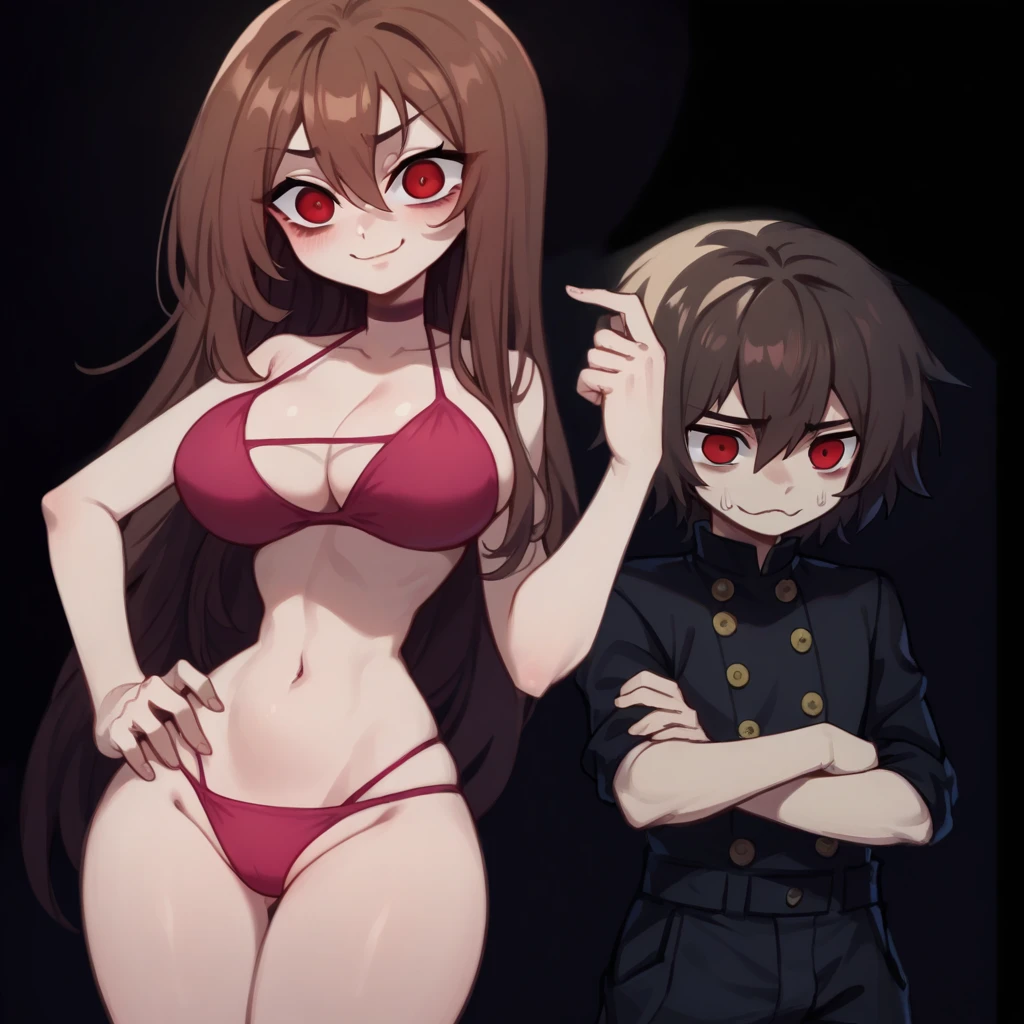 masterpiece, 4k, details, extreme details, high resolution, 1 woman , long brown hair, red eyes, mischievous face, smile, pink bikini, belly, large breasts , standing on your hips // masterpiece, 4k, details, extreme details, high resolution, 1 boy , messy brown hair, red eyes, shy face, gakuran shirt , black dress , black pants , cross your arms , black background