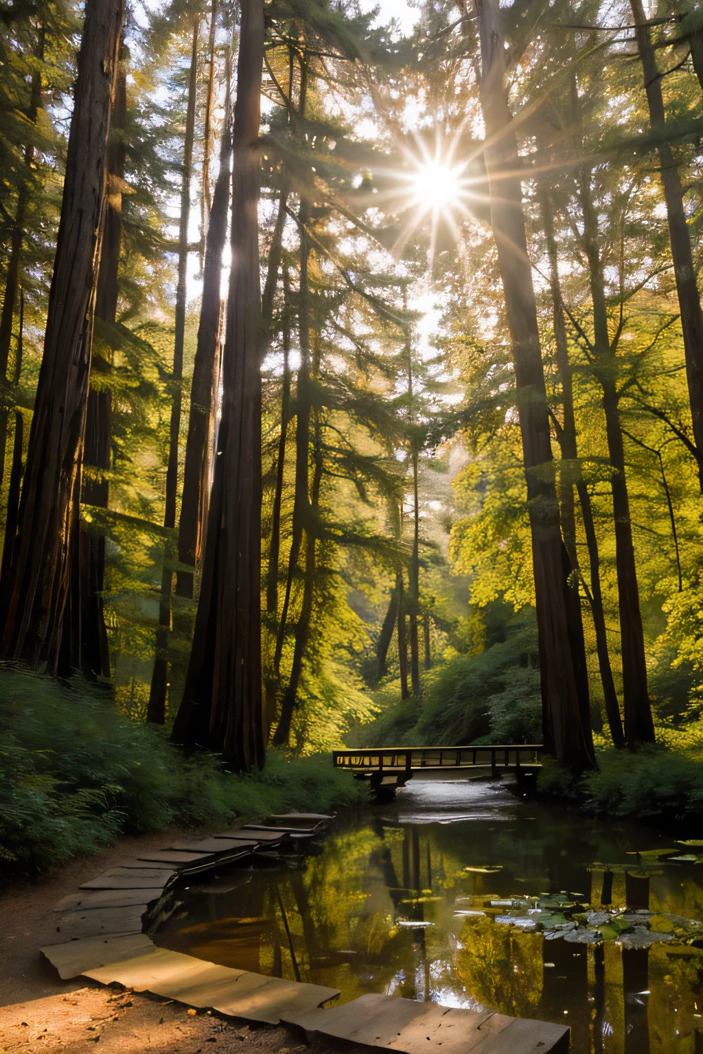 Picture a serene redwood forest at dusk, bathed in the warm hues of the setting sun. Towering redwoods, their massive trunks adorned with moss and ferns, stretch towards the sky. Shafts of golden sunlight filter through the canopy, casting long shadows on the forest floor.
In the foreground, a meandering trail winds through a carpet of pine needles and fallen leaves, with occasional patches of vibrant wildflowers. The air is cool and crisp, scented with the earthy aroma of damp soil and pine resin.
Amidst the trees, glimpses of wildlife can be seen: a deer cautiously drinking from a small, babbling brook, while a red-tailed hawk circles overhead, its cry echoing through the forest. Squirrels dart among the branches, and a family of raccoons peeks out from a hollowed-out tree trunk.
At the heart of the forest, a tranquil pond reflects the deepening colors of the twilight sky, framed by clusters of water lilies and cattails. A weathered wooden bench sits nearby, inviting visitors to pause and soak in the peaceful ambiance.
Key Elements to Include:
Lighting: Warm, golden hues of the setting sun filtering through the trees.
Flora and Fauna: Redwoods, ferns, wildflowers, deer, squirrels, raccoons, and a red-tailed hawk.
Atmosphere: Tranquil, natural, and serene.
Setting Details: Forest trail, pond with water lilies, and a wooden bench.
Mood: Calm, reflective, and in harmony with nature.
Color Palette: Earth tones such as greens, browns, and golden yellows, with hints of sunset oranges and deep blues of twilight.
Additional Notes: Capture the essence of a peaceful evening in a lush, thriving forest ecosystem, with an emphasis on realism and natural beauty.
