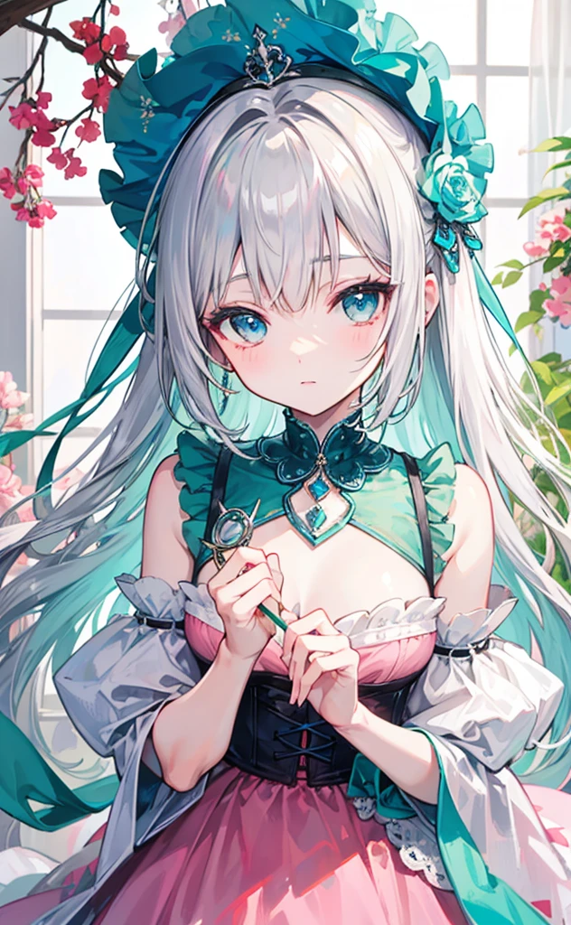 Bright silver and light green color,A very beautiful dress,Youthful Beautiful Girl,Pink decoration,blue eyes,Clear and soft glossy