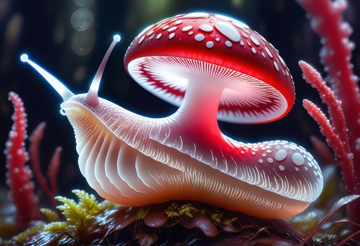 slimy translucent (slug crawling on top) of red and white mushroom, cinematic lighting, insane details, hyperrealistic extreme closeup macro photography, 64 megapixel DSLR