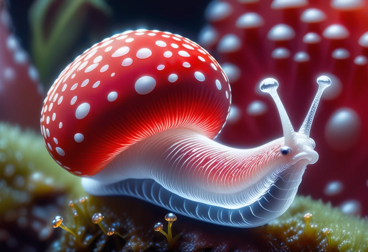 slimy translucent (slug crawling on top) of red and white mushroom, cinematic lighting, insane details, hyperrealistic extreme closeup macro photography, 64 megapixel DSLR