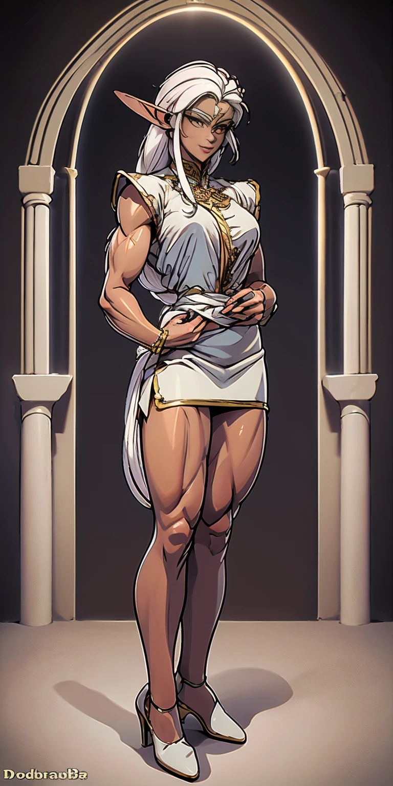 (masterpiece, best quality), intricate details, 1girl, Bridesmaid Muscular full body woman White hair White braid Motherly body smile Porcelain skin Red heels with feet together Long hair Hands on waist Navel Strong abs Direct look Perfect lighting Masterpiece High quality (good hands, best hands) 1 Solo Female Drow Elf