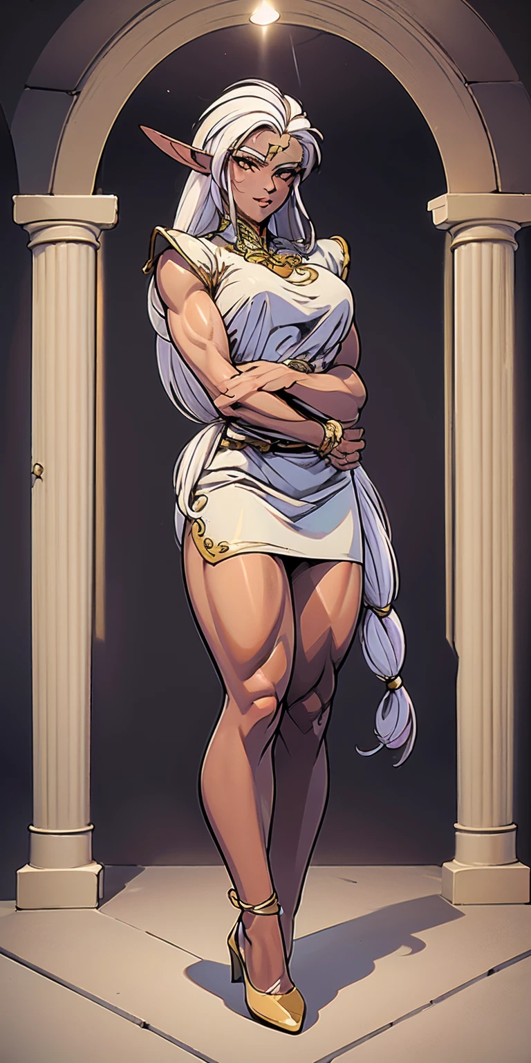 (masterpiece, best quality), intricate details, 1girl, Bridesmaid Muscular full body woman White hair White braid Motherly body smile Porcelain skin Red heels with feet together Long hair Hands on waist Navel Strong abs Direct look Perfect lighting Masterpiece High quality (good hands, best hands) 1 Solo Female Drow Elf