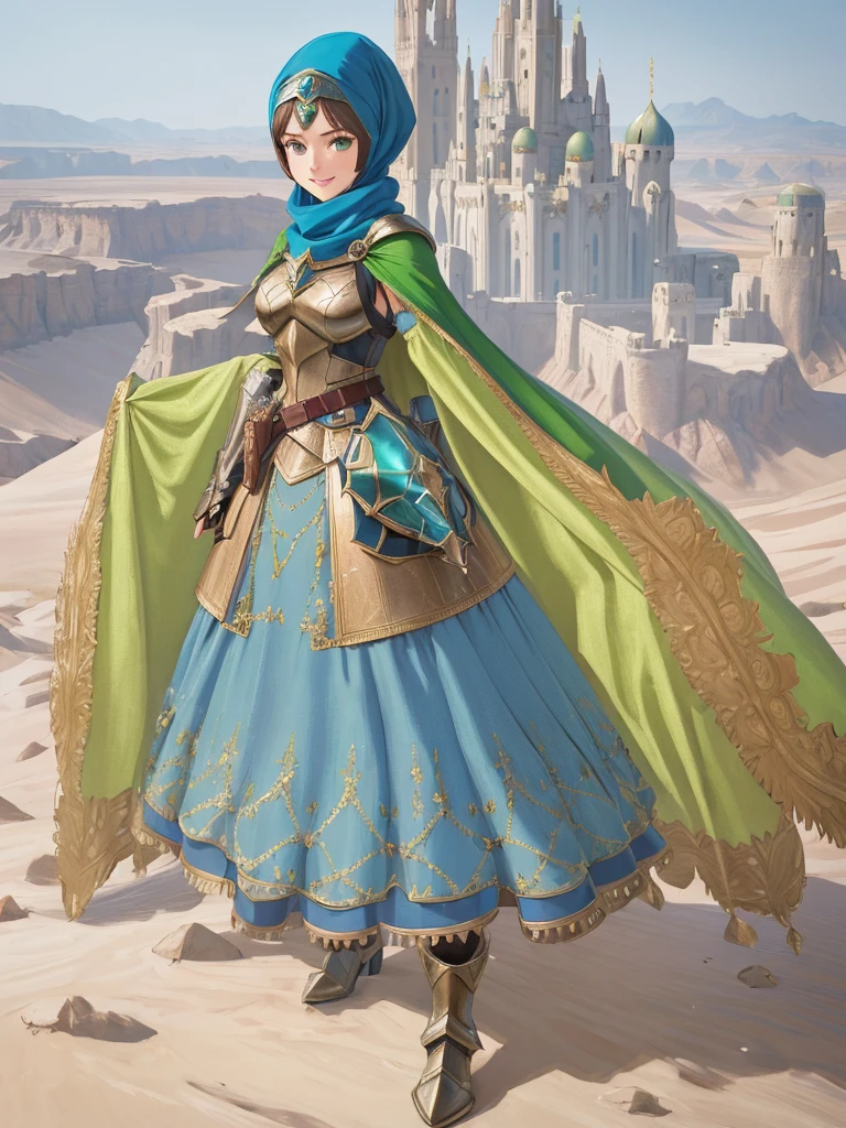 masterpiece, best quality:1.2), 1girl, smile, looking at viewer, green eyes, short brown hair, princess, armor, blue hijab headscarf, pauldrons, armored dress, green cloak cape, wearing puffy blue ballgown skirt, armored boots, fingerless gloves, standing in front of desert castle