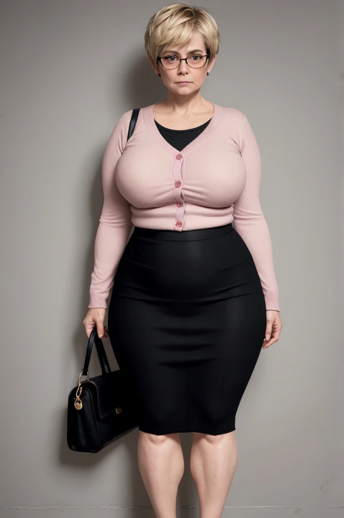 65 year old woman, short messy pixie cut blonde hair, glasses, wearing a pink cardigan over a white blouse, busty, wearing a tight black pencil skirt, has very wide hips, very thick thighs, large thighs, thick legs, wearing small black slip on flats on her feet, standing, entire body showing including legs and feet, voluptuous, short legs, pale skin, feet shown, wrinkled round face, round chin, no smile, strict facial expression, thick thighs pressed together, feet shown in the photo