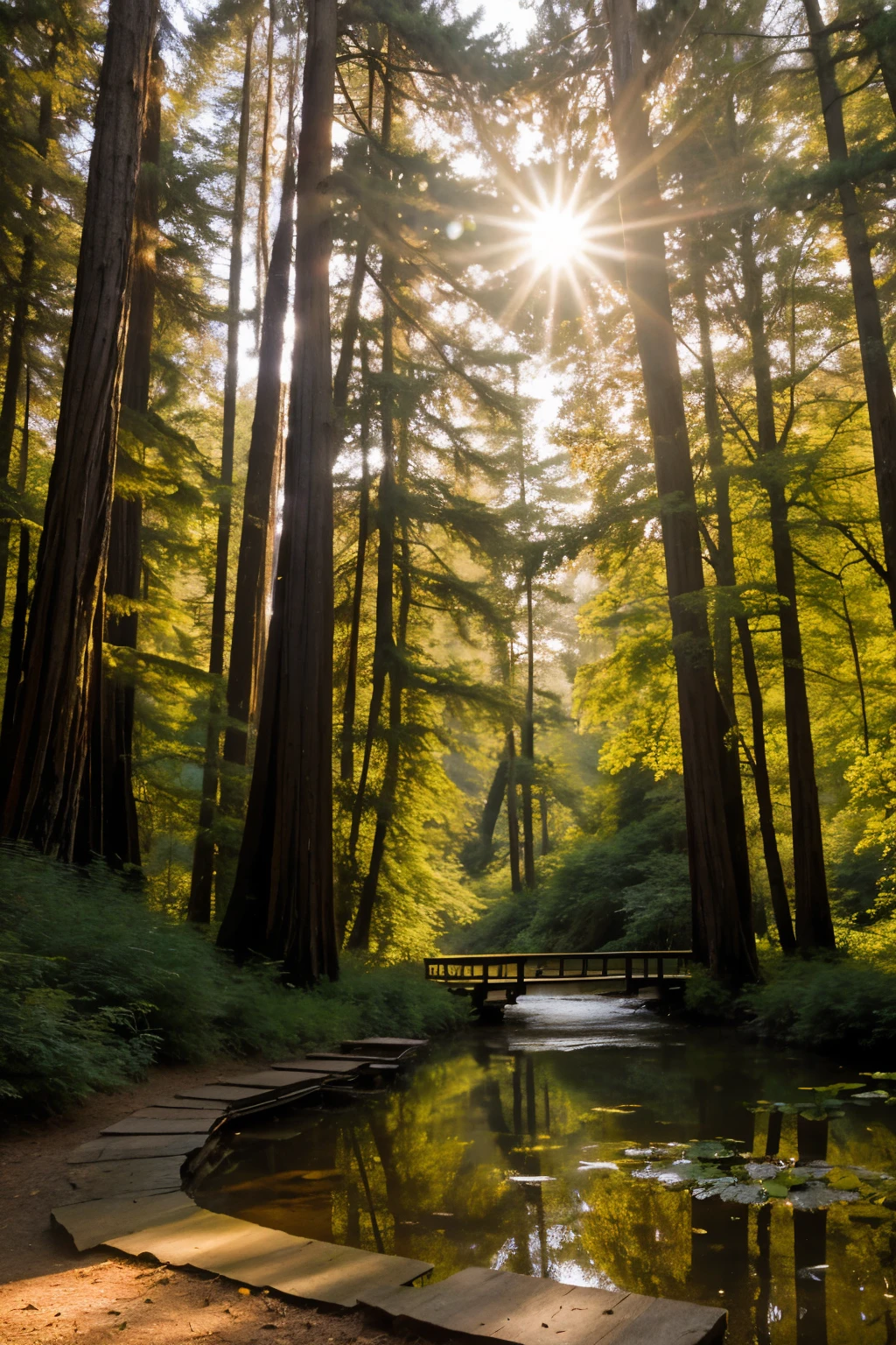 Picture a serene redwood forest at dusk, bathed in the warm hues of the setting sun. Towering redwoods, their massive trunks adorned with moss and ferns, stretch towards the sky. Shafts of golden sunlight filter through the canopy, casting long shadows on the forest floor.
In the foreground, a meandering trail winds through a carpet of pine needles and fallen leaves, with occasional patches of vibrant wildflowers. The air is cool and crisp, scented with the earthy aroma of damp soil and pine resin.
Amidst the trees, glimpses of wildlife can be seen: a deer cautiously drinking from a small, babbling brook, while a red-tailed hawk circles overhead, its cry echoing through the forest. Squirrels dart among the branches, and a family of raccoons peeks out from a hollowed-out tree trunk.
At the heart of the forest, a tranquil pond reflects the deepening colors of the twilight sky, framed by clusters of water lilies and cattails. A weathered wooden bench sits nearby, inviting visitors to pause and soak in the peaceful ambiance.
Key Elements to Include:
Lighting: Warm, golden hues of the setting sun filtering through the trees.
Flora and Fauna: Redwoods, ferns, wildflowers, deer, squirrels, raccoons, and a red-tailed hawk.
Atmosphere: Tranquil, natural, and serene.
Setting Details: Forest trail, pond with water lilies, and a wooden bench.
Mood: Calm, reflective, and in harmony with nature.
Color Palette: Earth tones such as greens, browns, and golden yellows, with hints of sunset oranges and deep blues of twilight.
Additional Notes: Capture the essence of a peaceful evening in a lush, thriving forest ecosystem, with an emphasis on realism and natural beauty.
