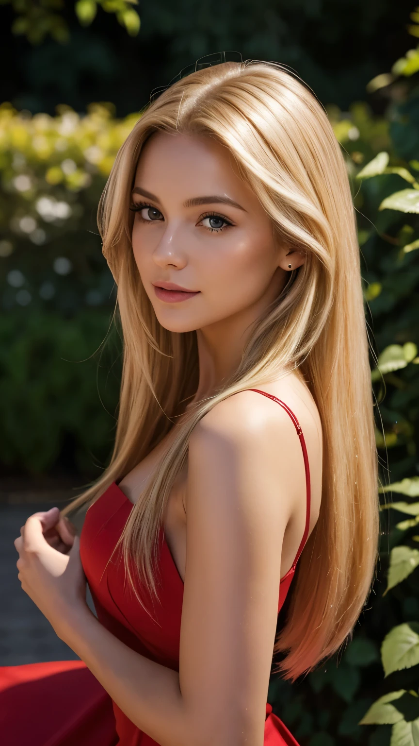 A 23-year-old blonde woman, ((pechos grandes)), ((hiperrealismo)) ,. blonde hair with light brown roots. cabello rubio, Hair with brown roots, cabello extra largo, cabello muy largo, really long hair, Beautiful, Front view, selfie, photo taken with iPhone, elegant red dress with escote, escotada, in the rose garden at night, high quality,sitting