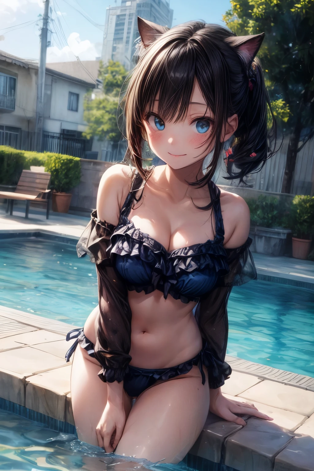 (Tabletop.Highest quality).(Cowboy Shot). (Amazingly detailed CG paintings),(Perfect Image)、smile, smile, Comic Strip.shape.One Girl.Detailed face、Perfect Face.Delicate face、Textured skin、Colorful hair colors, Cat ear girl、((Beautiful Blue Eyes)).Delicate and beautiful eyes、The eyes are detailed、Reflective Eyes、Watery eye、smile.(Gazing at the audience:1.3).(My face got a little red:0.8)、8k wallpaper、(((Cowboy Shot)))、reflected light、Attention to detail、Complex、Delicate background、Textured skin、Detailed skin、Swimwear, ((カラフルなSwimwear)), リアリスティックなSwimwear, 質感のあるSwimwear, 超高精細なSwimwear, Realistic swimming pool, Realistic Ocean, Frills, Lace fabric, See-through cardigan, Off the shoulder, One Shoulder