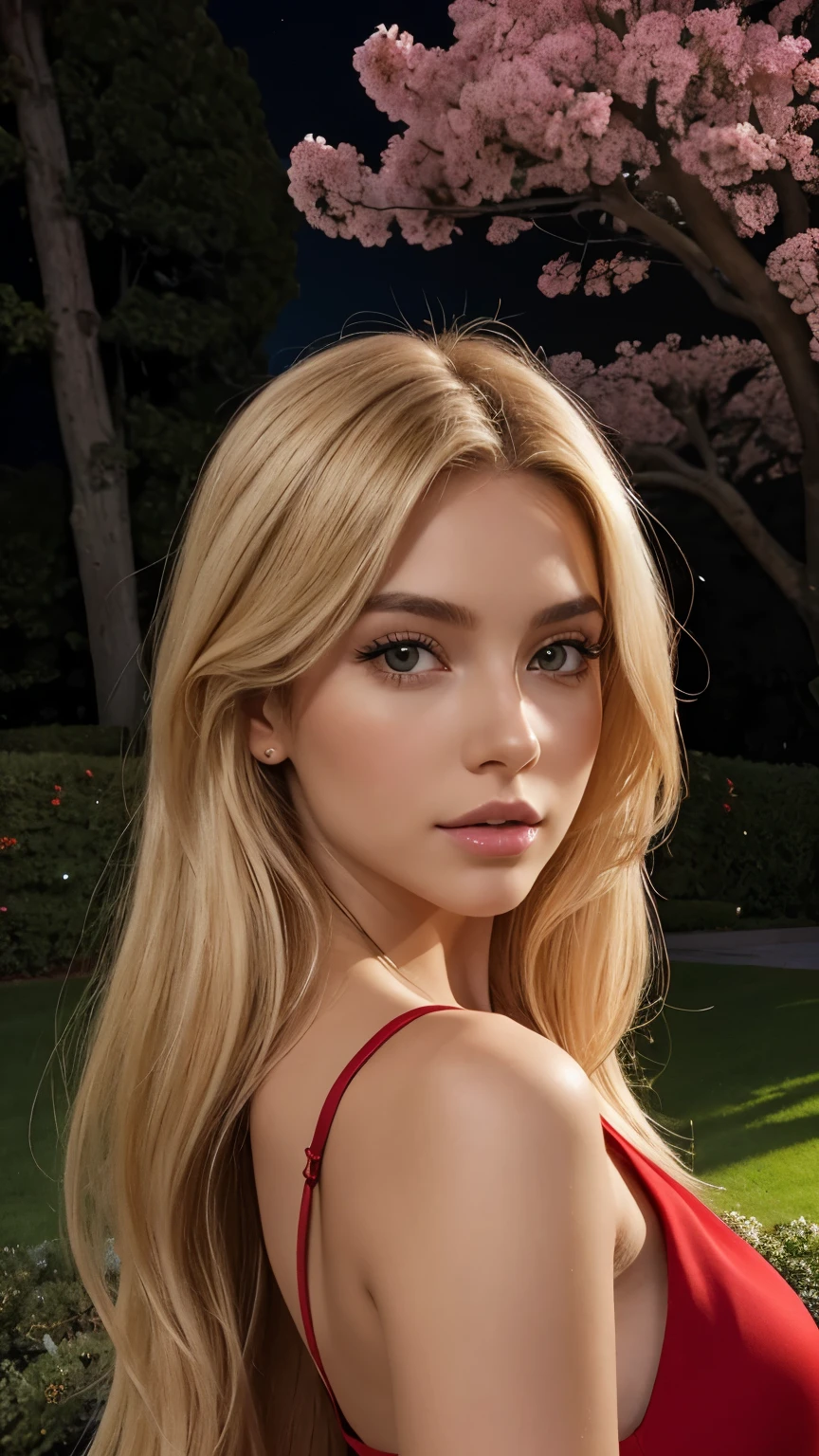 A 23-year-old blonde woman, ((pechos grandes)), ((hiperrealismo)) ,. blonde hair with light brown roots. cabello rubio, Hair with brown roots, cabello extra largo, cabello muy largo, really long hair, Beautiful, Front view, selfie, photo taken with iPhone, elegant red dress with escote, escotada, in the rose garden at night, high quality,sitting 