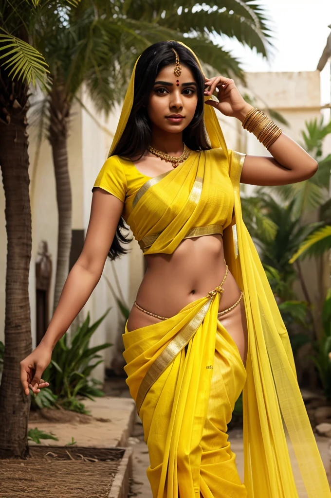 Generate a image of india women which is in veil and she wear a tore yellow colour saree