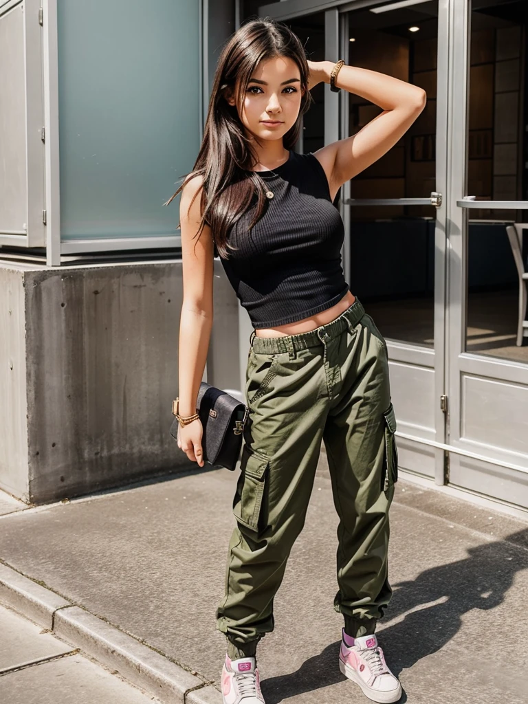 Create girl pic an image of a cute girl aged between 18 to 20 years old. She should be wearing a black watch on her wrist. She is dressed in cargo pants and a top. Ensure that she doesn't look too wealthy or overly glamorous.