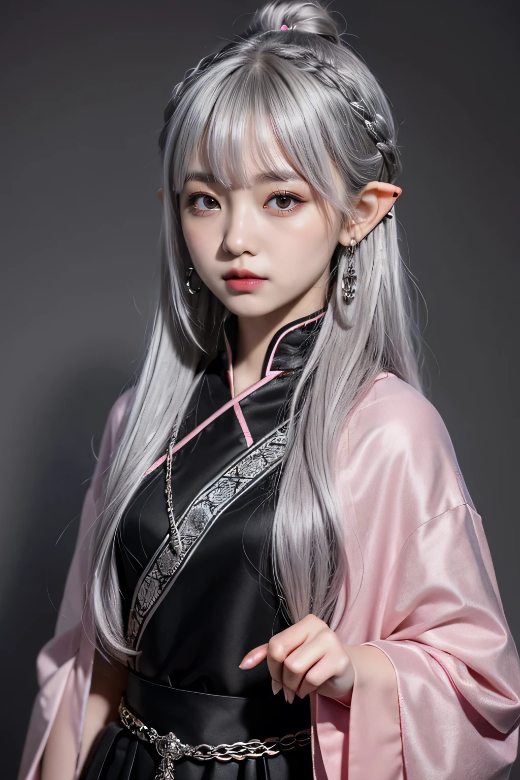 dungeons and dragons, gray background, 11 year old cute korean elven girl, small shy smile, (long black and silver hair), bun hairstyle, bangs, embroidery, black eyeliner, pink lipstick, pink blush, black eyeshadow, earrings, simple elven robes