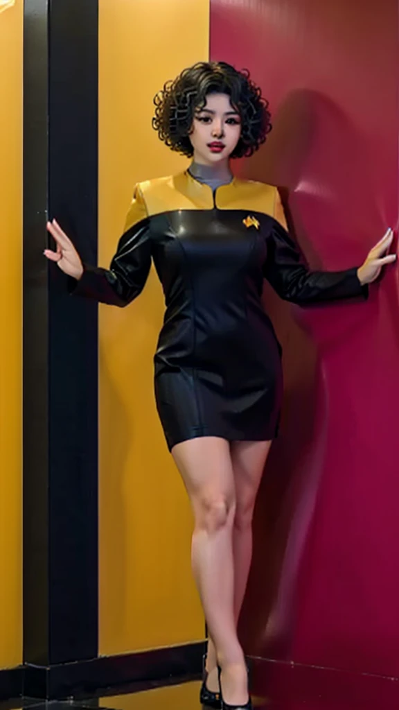 asian woman with curly hair in black and yellow voyunf uniform , lat3tch3stcut0ut,  dress, short latex dress, red pasties, 
on a starship