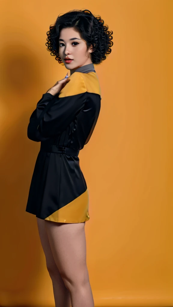 asian woman with curly hair in black and yellow voyunf uniform , lat3tch3stcut0ut, dress, short latex dress, red pasties,
on a starship