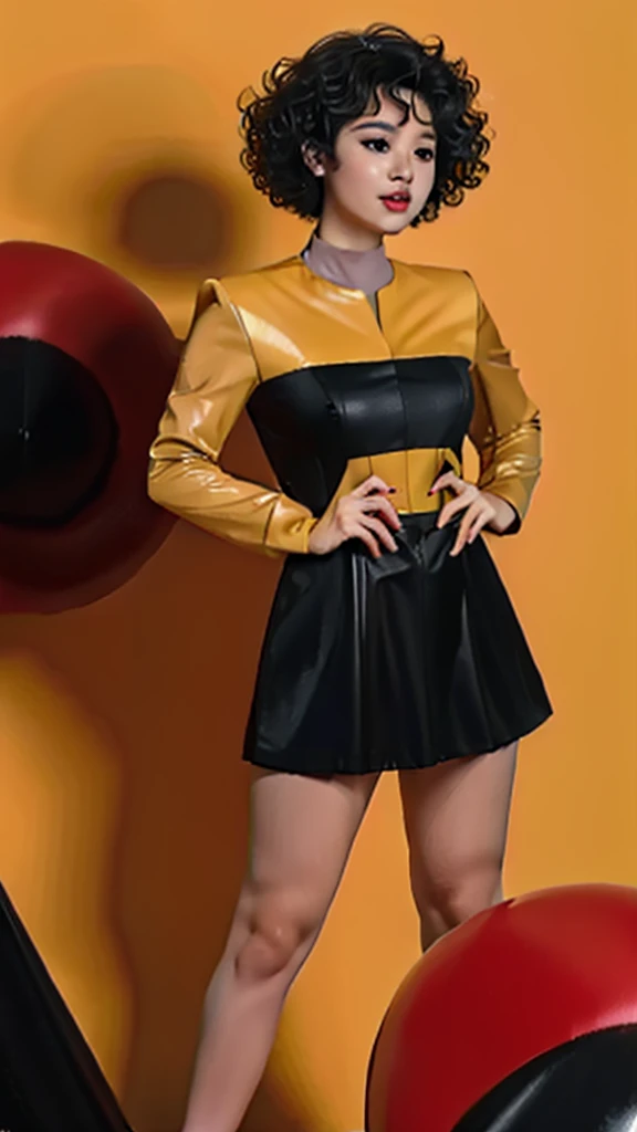 asian woman with curly hair in black and yellow voyunf uniform , lat3tch3stcut0ut, dress, short latex dress, red pasties,
on a starship