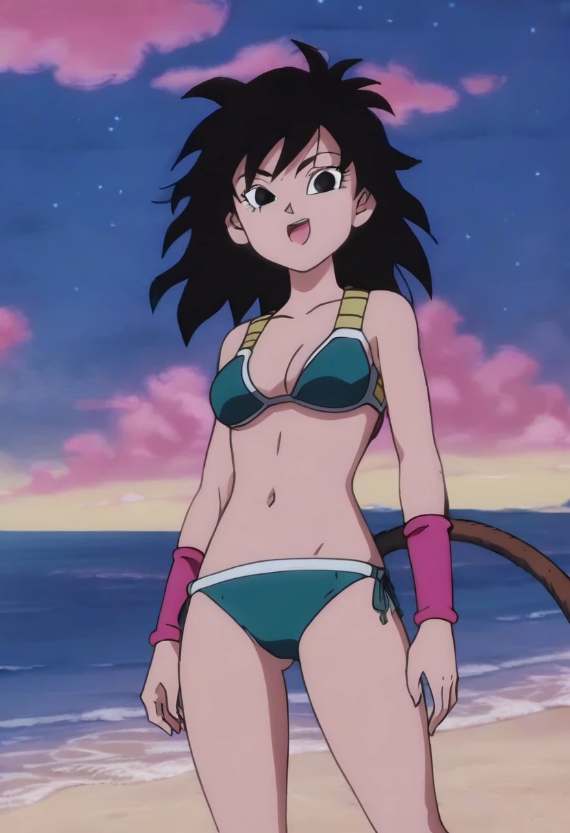 source_anime, score_9,score_8_up, score_7_up, ginedb, anime screencap,
1girl, shadow, solo, long hair, breasts, open mouth, star \(sky\), black hair, night sky, bare shoulders, medium breasts, collarbone, upper body, cowboy shot, medium hair, :o, black eyes, floating hair, expressionless, from below, spiked hair, pink wristband, arm at side, smile, arms at sides, looking front, monkey tail, eyebrows, looking at front, bikini, beach, top green, aqua top bikini