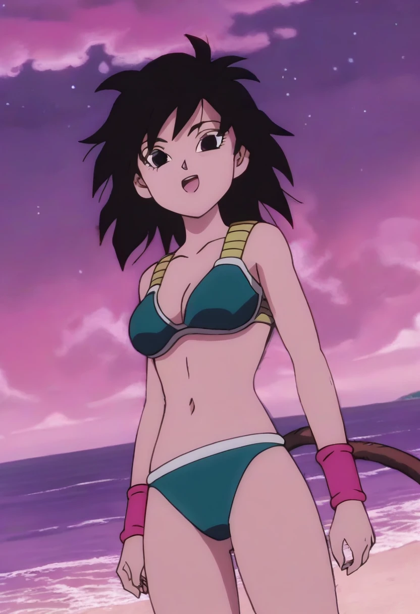 source_anime, score_9,score_8_up, score_7_up, ginedb, anime screencap,
1girl, shadow, solo, long hair, breasts, open mouth, star \(sky\), black hair, night sky, bare shoulders, medium breasts, collarbone, upper body, cowboy shot, medium hair, :o, black eyes, floating hair, expressionless, from below, spiked hair, pink wristband, arm at side, smile, arms at sides, looking front, monkey tail, eyebrows, looking at front, bikini, beach, top green, aqua top bikini