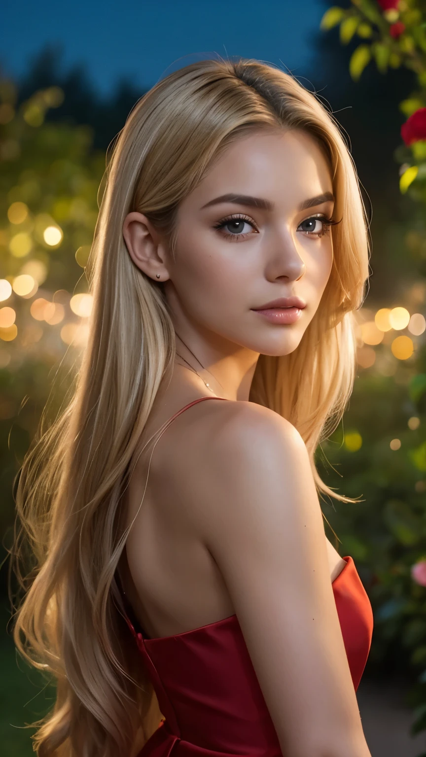 A 23-year-old blonde woman, ((pechos grandes)), ((hiperrealismo)) ,. blonde hair with light brown roots. cabello rubio, Hair with brown roots, cabello extra largo, cabello muy largo, really long hair, Beautiful, Front view, selfie, photo taken with iPhone, elegant red dress with escote, escotada, in the rose garden at night, high quality, turned back