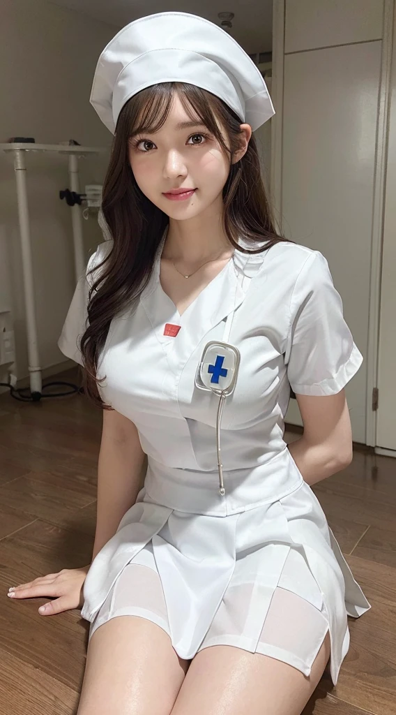 Innocent ,huge breasts:1.2,cleavage of breasts:1.2、(panty shot:1.3) (white nurse uniform:1.5),( White short skirt:1.5),(White nurse hat:1.5),(white nurse pumps:1.5), (squatting:1.3)、Angle:1.2、(hands down:1.5)、The background is a hospital room.、laugh,shortcut、raw photo, (8K、top quality、masterpiece:1.2)、(intricate details:1.4)、(realistic:1.4)、octane rendering、Highly detailed representation of complex 3D renderings, studio soft light, rim light, vivid details, super detailing, realistic skin texture, detail face, Beautiful eye for detail, Highly detailed CG Unity 16k wallpaper, assembly, (detailed background:1.2), glowing skin, whole body,Squat down and bend your knees.