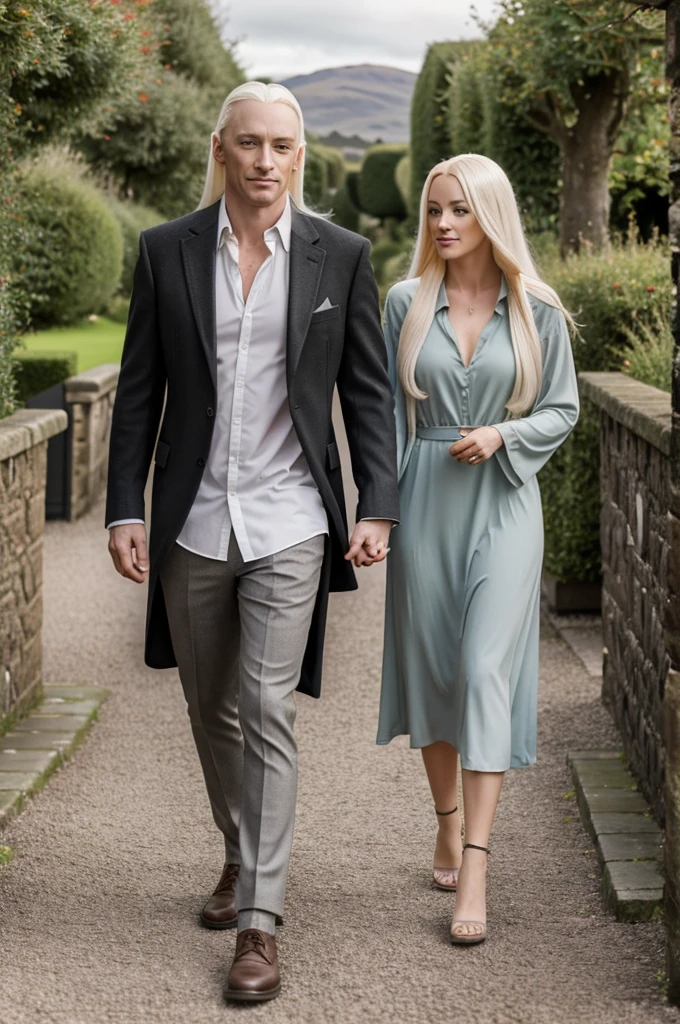 a beautiful young woman "redhead with green eyes" walked hand in hand with Lucius Malfoy " platinum blonde hair and gray eyes" We are walking in a Villa in Scotland