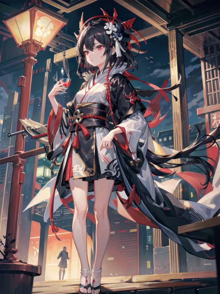 absurdres, RAW photo, extremely delicate and beautiful, masterpiece, Best Quality, ultra high resolution, 32k, hyperrealistic, ultra-detailed, perfect figure, in her 20s, very small head, very small face, delicate facial features, tearful mole, earring, huge breasts, legs, whole body shot, full body shot, medium hair, black hair, red-black costume, Onmyoji, nobushi, Flowing white robe, futuristic, bus station, glass, fog, moon, in the clouds, skyscrapers, futuristic transport,