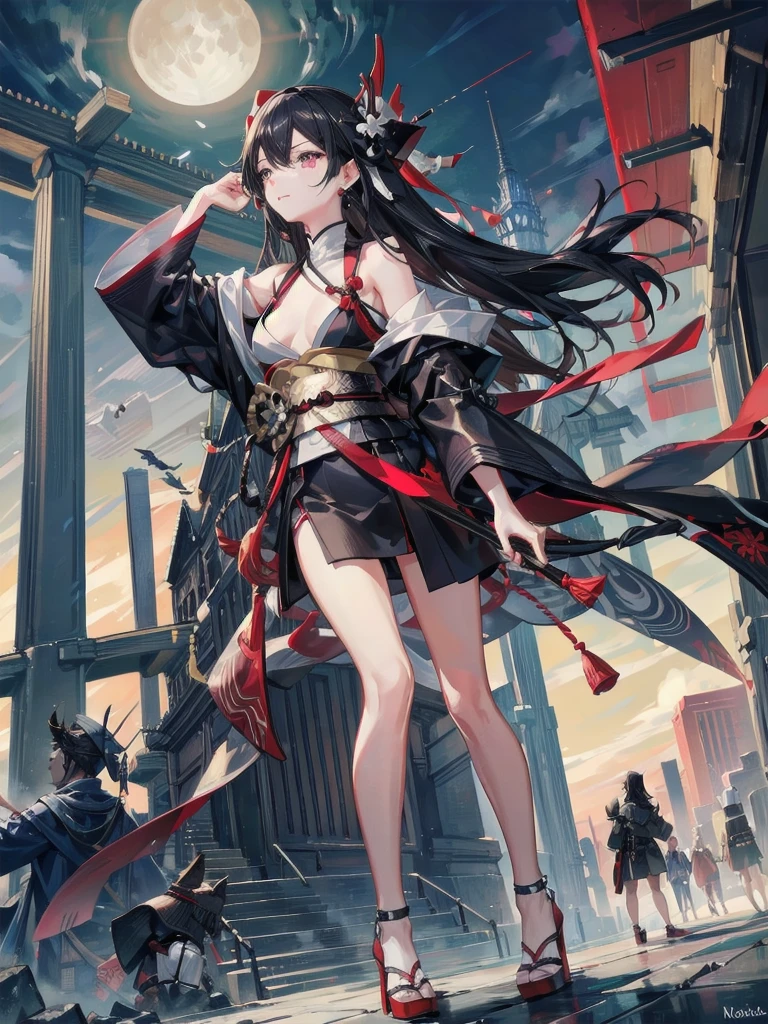 absurdres, RAW photo, extremely delicate and beautiful, masterpiece, Best Quality, ultra high resolution, 32k, hyperrealistic, ultra-detailed, perfect figure, in her 20s, very small head, very small face, delicate facial features, tearful mole, earring, huge breasts, legs, whole body shot, full body shot, medium hair, black hair, red-black costume, Onmyoji, nobushi, Flowing white robe, futuristic, bus station, glass, fog, moon, in the clouds, skyscrapers, futuristic transport,