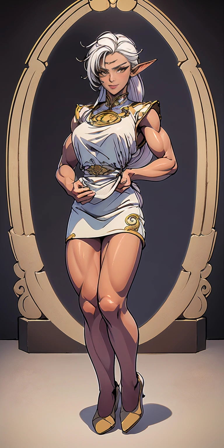 (masterpiece, best quality), intricate details, 1girl, Bridesmaid Muscular full body woman White hair White braid Motherly body smile Porcelain skin Red heels with feet together Long hair Hands on waist Navel Strong abs Direct look Perfect lighting Masterpiece High quality (good hands, best hands) Pirotess (Record of Lodoss War)