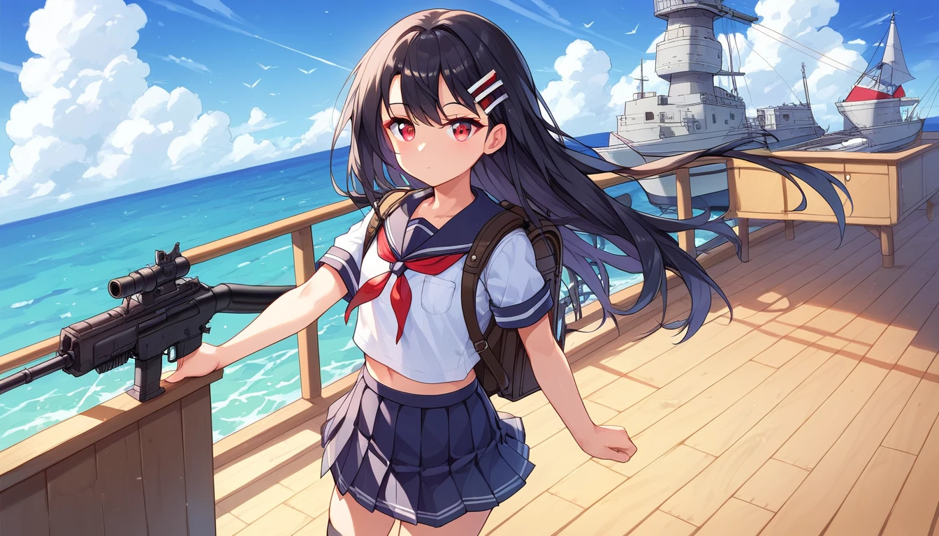 ((1girls:1.3)), ((solo:1.3)), ((school uniform:1.3)), ((ship deck:1.3)), ((battleship:1.3)), ((ocean:1.3)), ((light machine gun:1.3)), ((oil rig:1.3)), ((expressionless:1.3)), ((backpack:1.3)), ((moe style:1.3)), ((standing:1.3)), ((red eyes:1.3)), (( girl:1.3)), ((flat chest:1.3)), ((black hair:1.3)), ((perfect face)), ((extremely cute:1.3)), ((masterpiece:1.3)), ((8k)), ((best quality:1.3)), ((beautiful)), ((extremely detailed:1.3)) , ((absurdres)), AddXL, ((score_9:1.3)), ((score_8_up:1.3)), ((score_7_up:1.3)), Expressiveh 