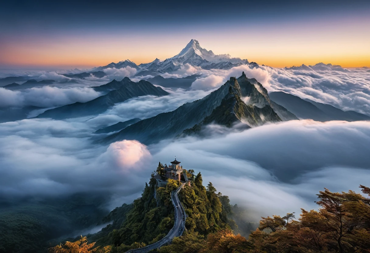 architecture,Tree,A sea of clouds churning,Glow,Distant Mountains,Landscape photos,RAW,uhd,8K,Detailed Details,Best quality,Perfect color matching,Sense of atmosphere,Masterpieces shot by international photography masters,National Geographic Photography Award Winners