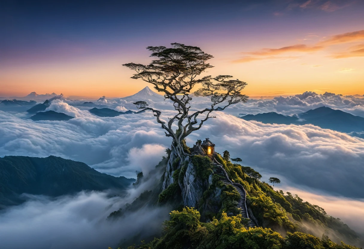 architecture，Tree，A sea of clouds churning，Glow，Distant Mountains，Landscape photos，RAW，uhd，8K，Detailed Details，Best quality，Perfect color matching，Sense of atmosphere，Masterpieces shot by international photography masters，National Geographic Photography Award Winners