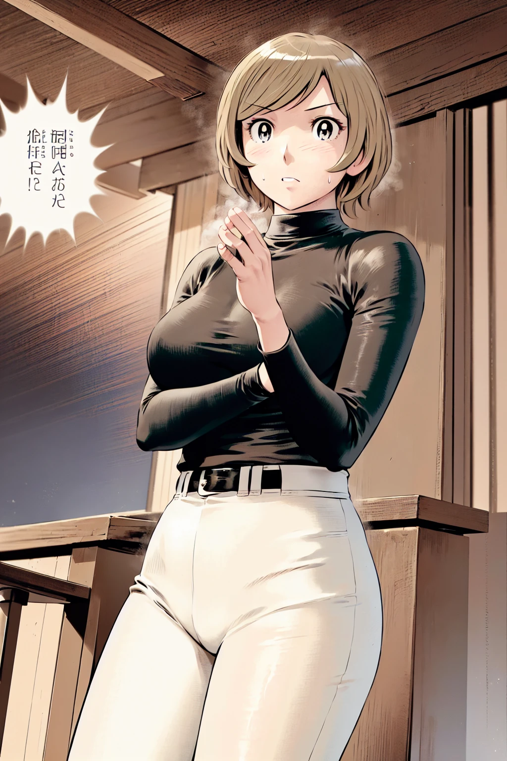 (野球uniform:1.2),
Blonde, (short hair:1.2),Long sleeve, Black Shirt, turtleneck,White trousers、uniform、Black belt、((Illustration of a person))、big 、
View your viewers,, (Highest quality:1.3),One Girl, White pants、uniform、Outdoor、baseball ground、ground、soil、blue eyes、Tight black shirt、(masterpiece、Highest quality)、Highest quality, Ultra-high resolution, (((masterpiece))), alone, Sweat、big eyes、big Breasts、One Girl, Front view、Embarrassed face、Bronze colored hair、((short hair))、Stand up straight、Cowboy Shot