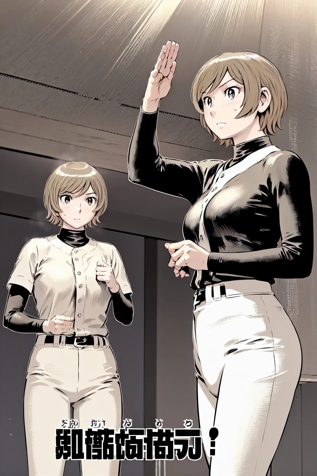 (野球uniform:1.2),
Blonde, (short hair:1.2),Long sleeve, Black Shirt, turtleneck,White trousers、uniform、Black belt、((Illustration of a person))、big 、
View your viewers,, (Highest quality:1.3),One Girl, White pants、uniform、Outdoor、baseball ground、ground、soil、blue eyes、Tight black shirt、(masterpiece、Highest quality)、Highest quality, Ultra-high resolution, (((masterpiece))), alone, Sweat、big eyes、big Breasts、One Girl, Front view、Embarrassed face、Bronze colored hair、((short hair))、Stand up straight、Cowboy Shot