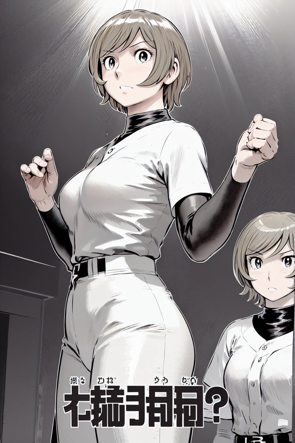 (野球uniform:1.2),
Blonde, (short hair:1.2),Long sleeve, Black Shirt, turtleneck,White trousers、uniform、Black belt、((Illustration of a person))、big 、
View your viewers,, (Highest quality:1.3),One Girl, White pants、uniform、Outdoor、baseball ground、ground、soil、blue eyes、Tight black shirt、(masterpiece、Highest quality)、Highest quality, Ultra-high resolution, (((masterpiece))), alone, Sweat、big eyes、big Breasts、One Girl, Front view、Embarrassed face、Bronze colored hair、((short hair))、Stand up straight、Cowboy Shot