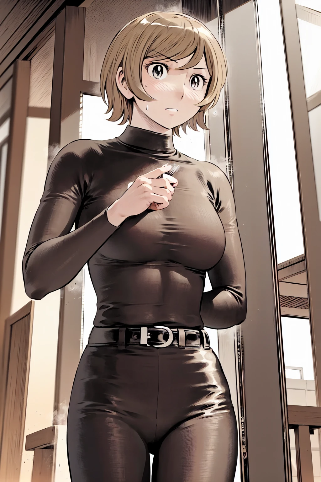 (野球uniform:1.2),
Blonde, (short hair:1.2),Long sleeve, Black Shirt, turtleneck,White trousers、uniform、Black belt、((Illustration of a person))、big 、
View your viewers,, (Highest quality:1.3),One Girl, White pants、uniform、Outdoor、baseball ground、ground、soil、blue eyes、Tight black shirt、(masterpiece、Highest quality)、Highest quality, Ultra-high resolution, (((masterpiece))), alone, Sweat、big eyes、big Breasts、One Girl, Front view、Embarrassed face、Bronze colored hair、((short hair))、Stand up straight、Cowboy Shot