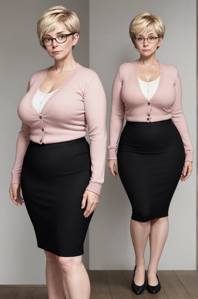 65 year old woman, short messy pixie cut blonde hair, glasses, wearing a pink cardigan over a white blouse, busty, wearing a tight black pencil skirt, has very wide hips, very thick thighs, large thighs, thick legs, wearing small black slip on flats on her feet, standing, entire body showing including legs and feet, voluptuous, short legs, pale skin, feet shown, wrinkled round face, round chin, no smile, strict facial expression, thick thighs pressed together, feet shown in the photo