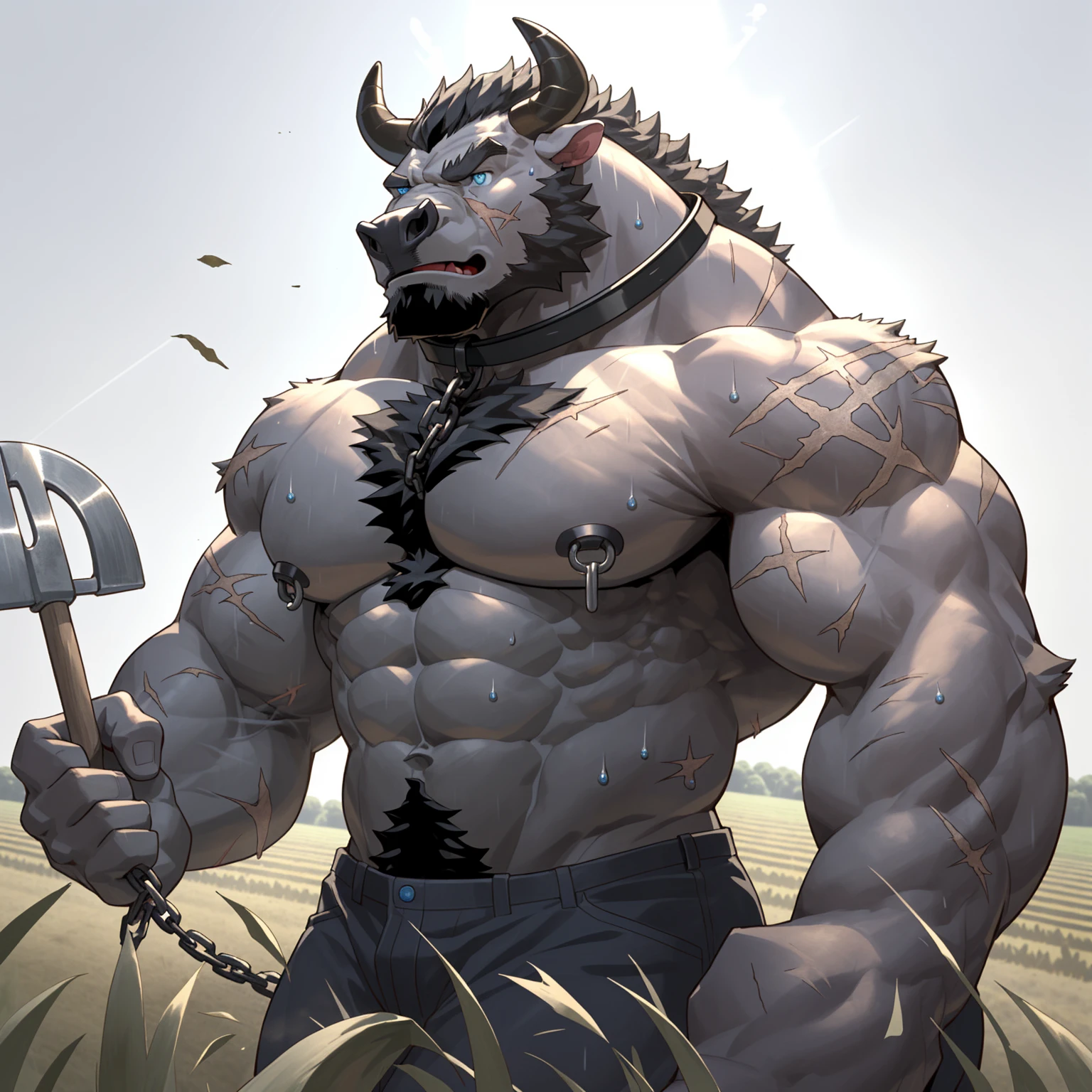 Sweating, muscular, Shirtless, Plowing the fields with farm tools during the day, Anthropomorphic chest hair, Serious expression（scars in the face） Mature （blue eyes）Huge muscular torn abs wild wearing nipple rings and collars prisoners collar linked to chains lock ambitious black bull