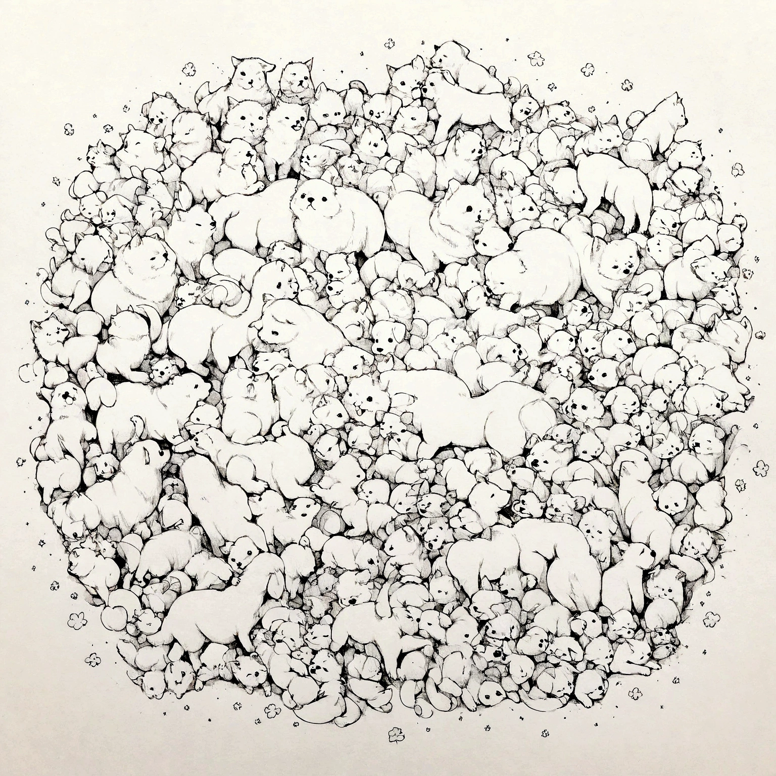 yeh, black andwhite, for drawing, thin-lines, feral, estilo fluffly, fully body, profile body, 4-legged, fluffly, average size, Puppy, 20 models on one paper, different from each other with several different landings