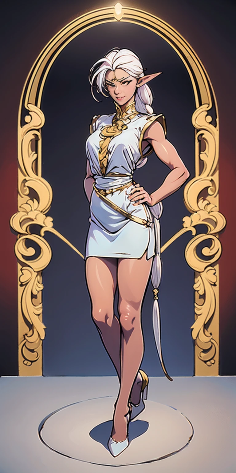 (masterpiece, best quality), intricate details, 1girl, Bridesmaid Muscular full body woman White hair White braid Motherly body smile Porcelain skin Red heels with feet together Long hair Hands on waist Navel Strong abs Direct look Perfect lighting Masterpiece High quality (good hands, best hands) Pirotess (Record of Lodoss War)