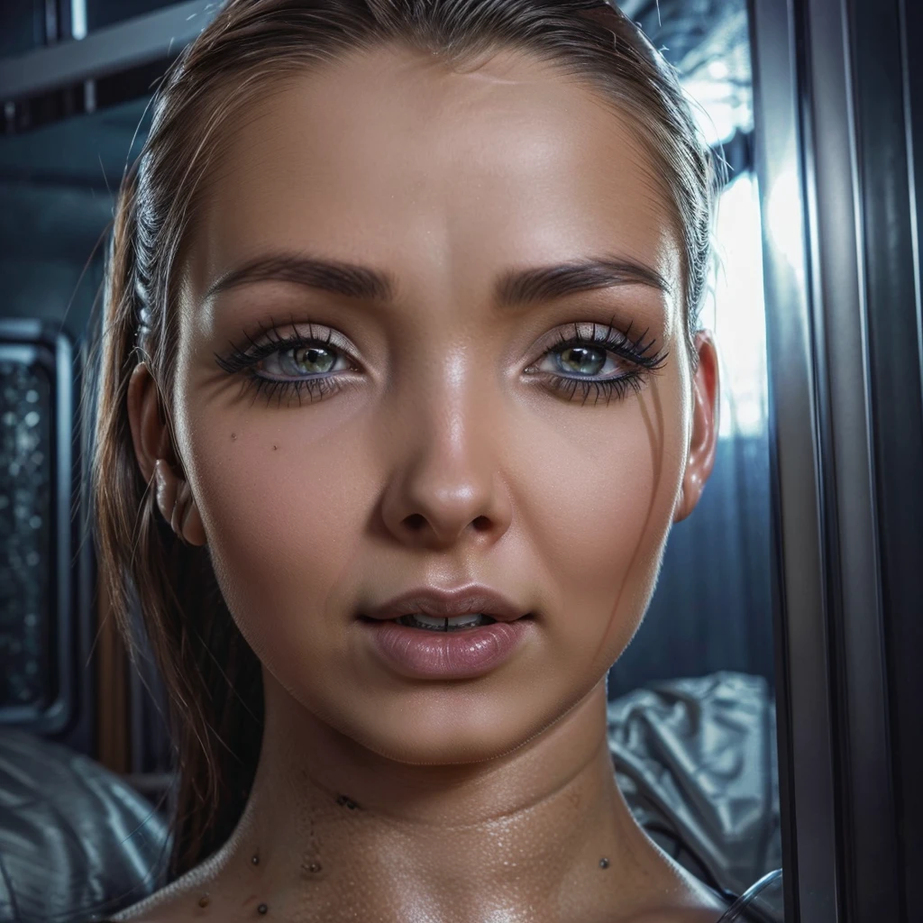 a beautiful cyborg woman, hyper realistic, extremely detailed face and body, beautiful detailed eyes, beautiful detailed lips, extremely detailed face, long eyelashes, giga busty, sheer fishnet gown, neon highlights at joints and eyes, inviting the viewer into her bedroom, price hovers over bed, full body view, cinematic lighting, dark moody atmosphere, dramatic colors, intricate details, award winning digital art, artstation, sharp focus, highly detailed, photorealistic, 8k, masterpiece