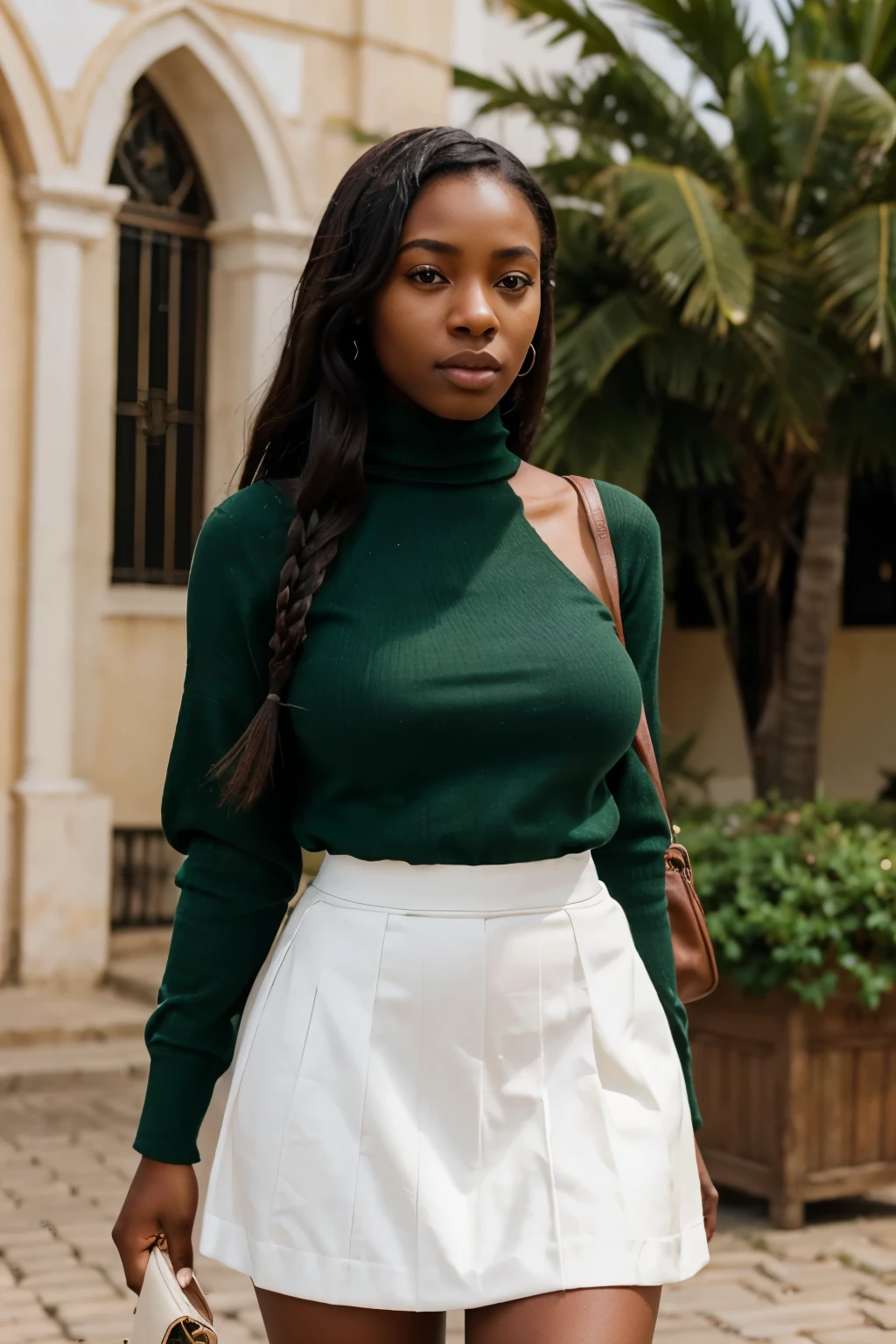 Create a realistic depiction of a 23 year old African lady who is smartly dressed for church. She should be wearing modern, Her outfit should prominently feature green pullneck and white skirt. She should have a very thick build and appear realistic."