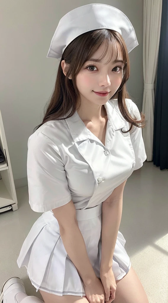 Innocent 14-year-old girl，giant :1.2,cleavage of breasts:1.2、(panty shot:1.3) (white nurse uniform:1.5),( White short skirt:1.5),(White nurse hat:1.5),(white nurse pumps:1.5), (squatting:1.3）、Angle:1.2、（hands down:1.5）、The background is a hospital room.、laugh,shortcut、raw photo, (8K、top quality、masterpiece:1.2)、(intricate details:1.4)、(realistic:1.4)、octane rendering、Highly detailed representation of complex 3D renderings, studio soft light, rim light, vivid details, super detailing, realistic skin texture, detail face, Beautiful eye for detail, Highly detailed CG Unity 16k wallpaper, assembly, (detailed background:1.2), glowing skin, whole body,Squat down and bend your knees.