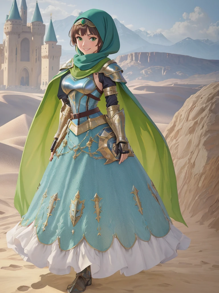 masterpiece, best quality:1.2), 1girl, smile, looking at viewer, green eyes, short brown hair, princess, armor, blue hijab headscarf, pauldrons, armored dress, green cloak cape, wearing puffy blue ballgown skirt, armored boots, fingerless gloves, standing in front of desert castle