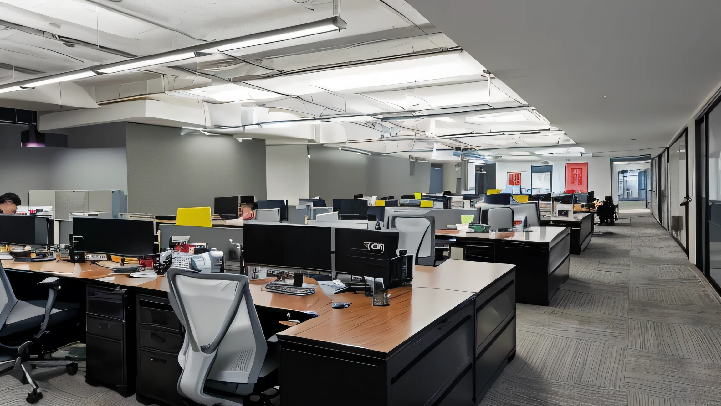 Realistic photos of a Chinese style office with many employees, each workstation equipped with a computer and water bottles for office supplies. The office environment is very clean, with gray carpets on the floor,