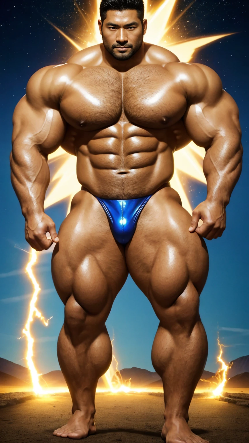 There is only one handsome Asian actor in the photo,35 years old,High target, Fitness,short hair, O-Shaped Beard,Perfect body, Dark skin color,Radiant Skin,Smooth skin,Shiny, shiny skin,Smooth pectoral muscles,No chest hair,No body hair,Muscle bulge, muscular, Very large pectoral muscles,Very sexy abdominal muscles,Very well-developed leg muscles,Huge concave and convex area,Brightens oily skin,Wearing a shiny gold leather thong,Handsome face,Normal human toes,Correct and accurate male body proportions,Superhero style,Golden Energy,Gold Theme,Energy surrounding, Light particle effects, dusk, electricity,Dynamic poses,Multiple light points surrounded by energy,Golden Energy ,Golden flame,,Gradient sky, magic。