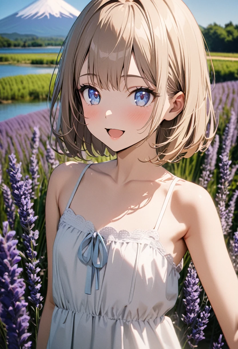1 girl, 18yo, (flat chest: 1.5), blue eyes, light brown hair, bob cut, summer outfit, smile, open mouth, Lavender fields, big Lake, Mt. Fuji, upper body, bule sky, 8k, RAW photo, best quality, masterpiece, extremely detailed 8k wallpaper, ultra-detailed, best shadow, detailed background, beautiful detailed face, beautiful detailed eyes, nice hands, perfect hands