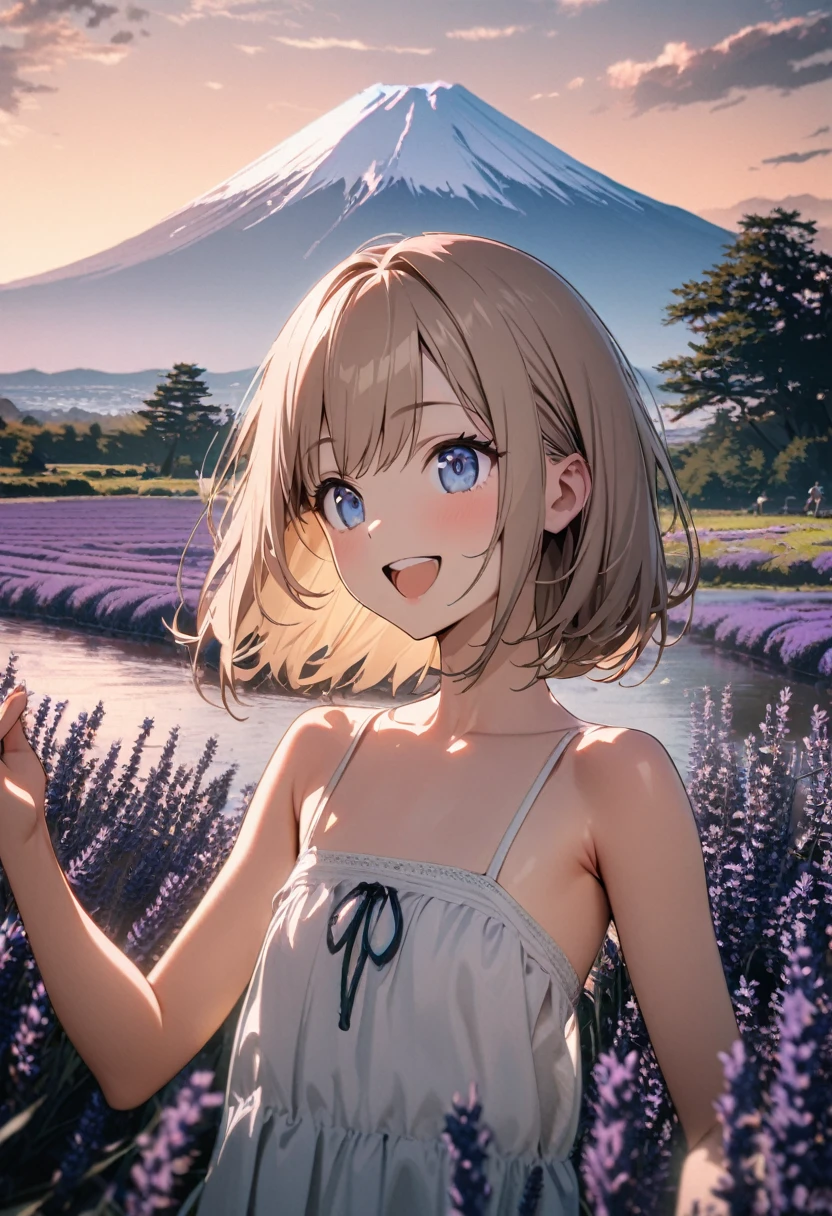 1 girl, 18yo, (flat chest: 1.5), blue eyes, light brown hair, bob cut, summer outfit, smile, open mouth, Lavender fields, big Lake, Mt. Fuji, upper body, bule sky, 8k, RAW photo, best quality, masterpiece, extremely detailed 8k wallpaper, ultra-detailed, best shadow, detailed background, beautiful detailed face, beautiful detailed eyes, nice hands, perfect hands